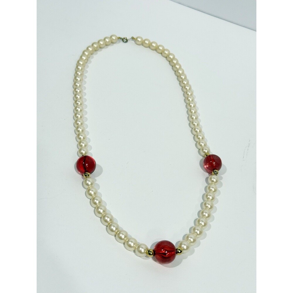 Vintage Faux Pearl Necklace with Large Red Lucite Glass Beads & Gold Accents - Picture 8 of 11